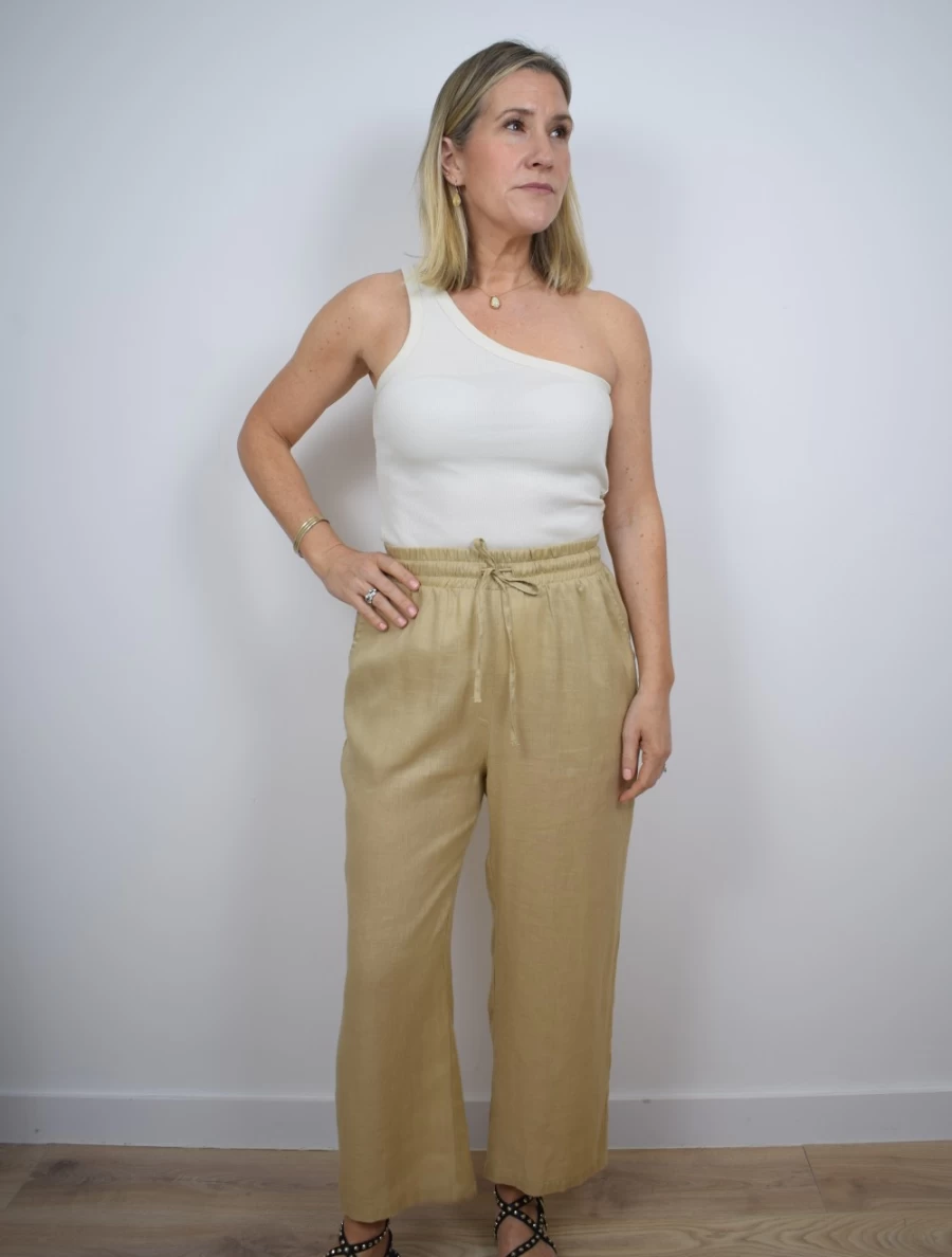 Devotion Twins Women's Elia High-Waisted Beige Trousers - Classic Casual Pant for Everyday Wear