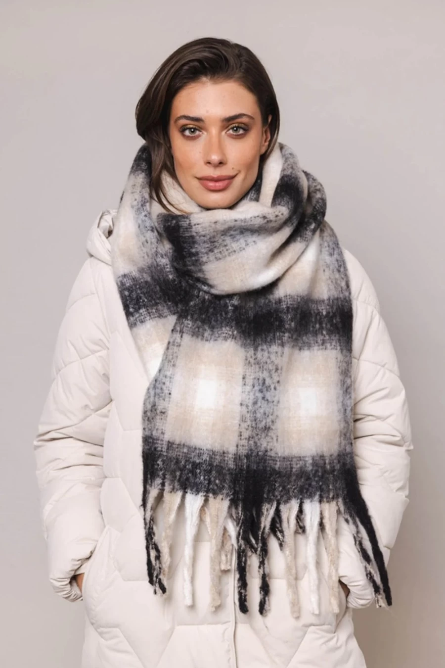 Rino & Pelle Women's Hipke Scarf - Natural Check Pattern Wool Wrap