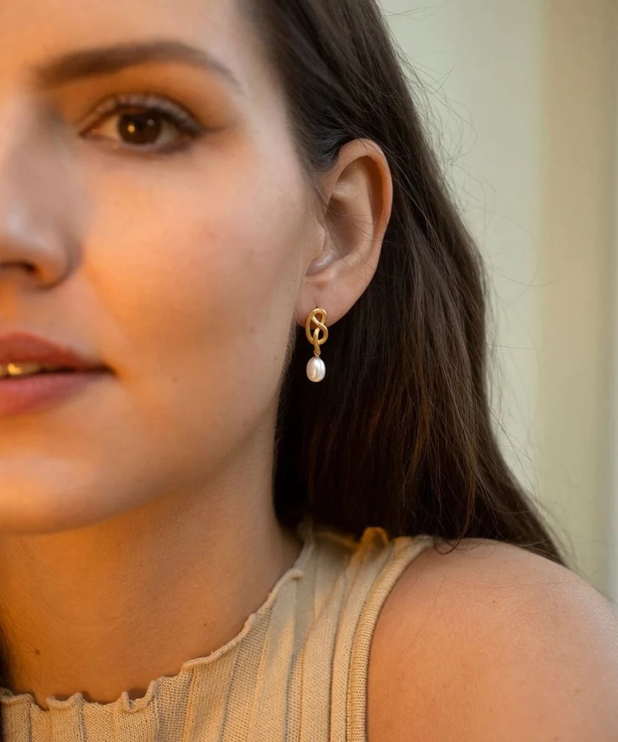 Claudia Bradby Gold Love Knot Pearl Drop Earrings for Women - Medium Size Elegant Dangle Jewelry