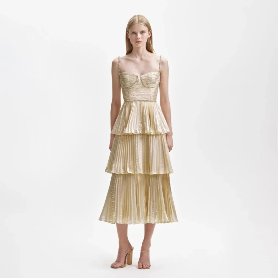 Self-Portrait Women's Gold Metallic Tiered Midi Dress - Elegant Party Gown