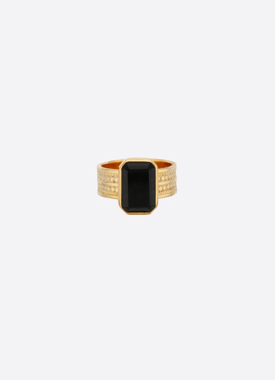 Anna Beck Women's Large Rectangular Gold-Tone Ring with Onyx Stone