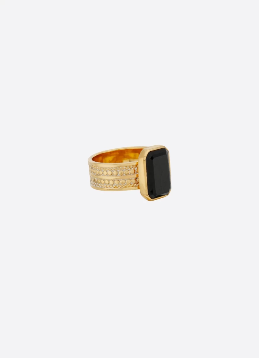 Anna Beck Women's Large Rectangular Gold-Tone Ring with Onyx Stone