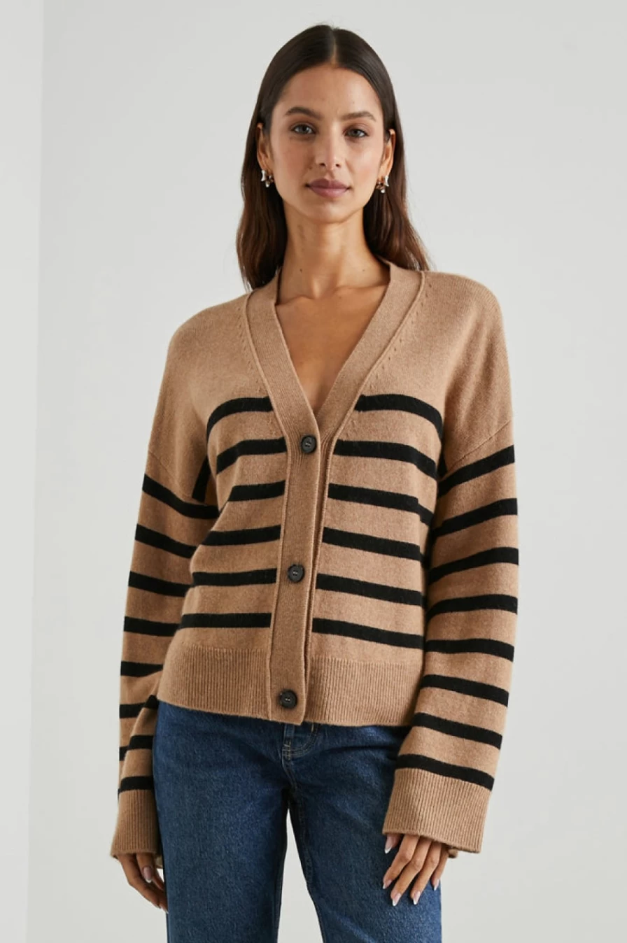 Rails Women's Geneva Cardigan in Camel and Black Striped Knit