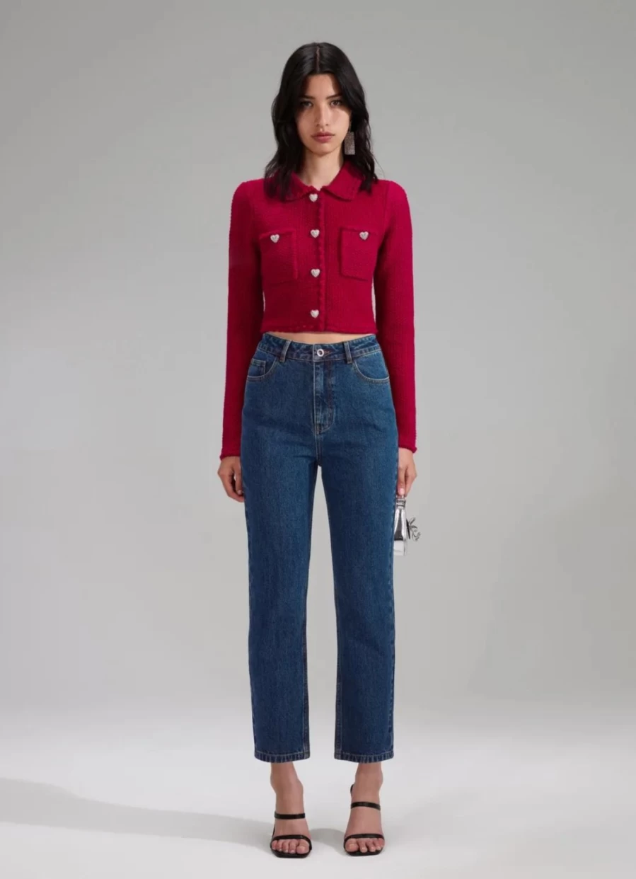 Self-Portrait Women's Red Melange Knit Crop Cardigan Sweater