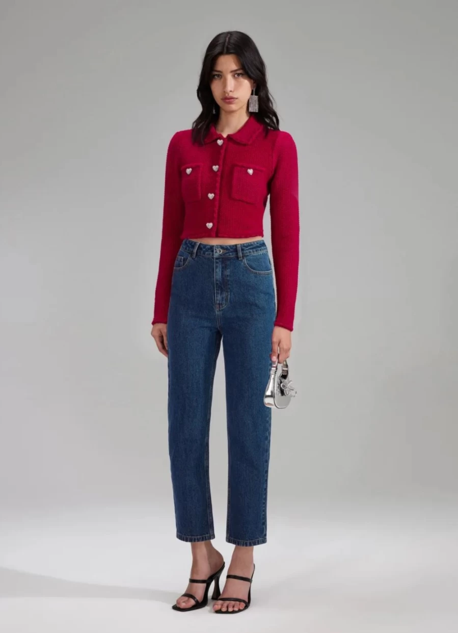 Self-Portrait Women's Red Melange Knit Crop Cardigan Sweater