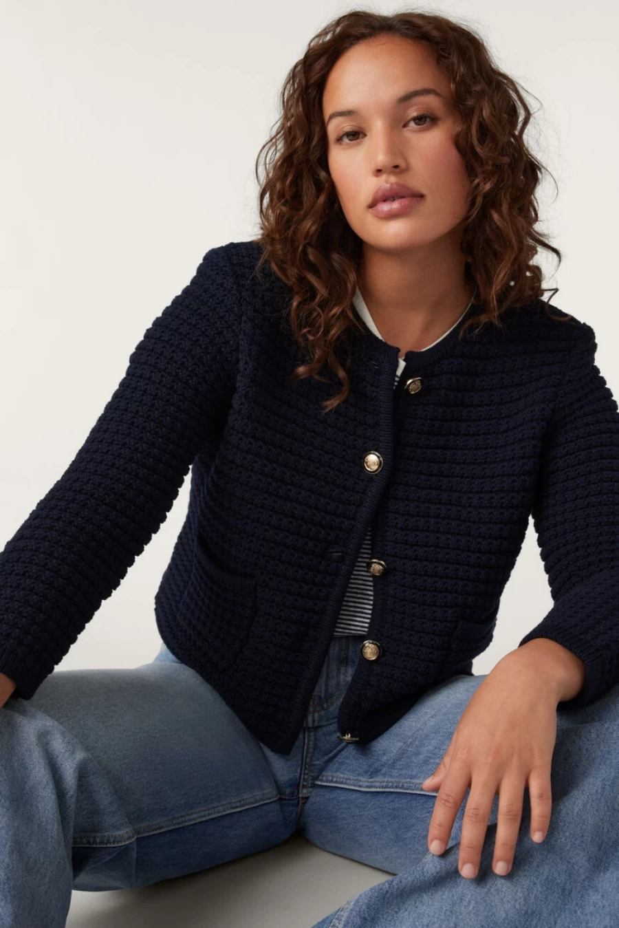 ba&sh Women's Gaspard Navy Knitted Cardigan - Soft Crewneck Sweater Casual Coat