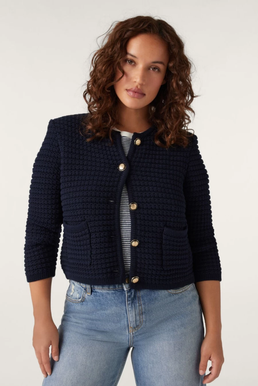 ba&sh Women's Gaspard Navy Knitted Cardigan - Soft Crewneck Sweater Casual Coat