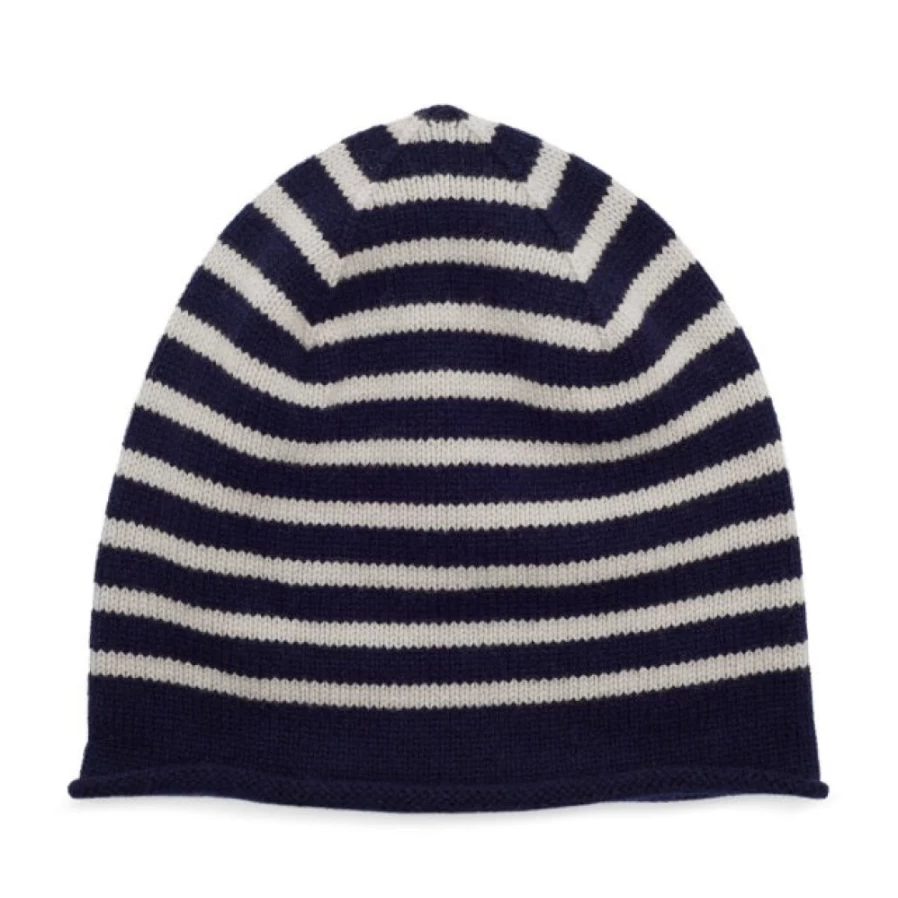 Somerville Scarves Women's Breton Cashmere Beanie in Navy & White - Soft Winter Hat