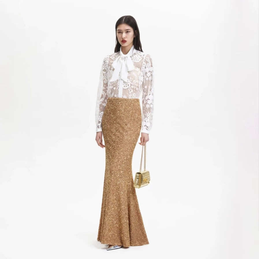 Self-Portrait Women's White Lace Shirt with Pussy Bow Detail