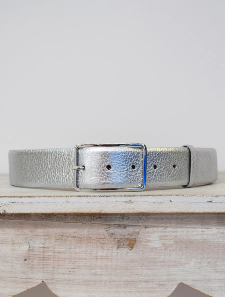 Abro Women's Wide Belt - Genuine Leather Shimmer Silver Fashion Accessory