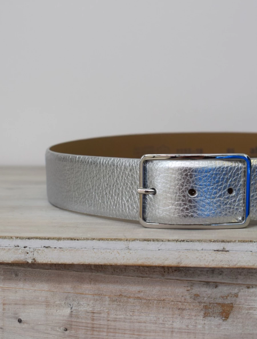 Abro Women's Wide Belt - Genuine Leather Shimmer Silver Fashion Accessory