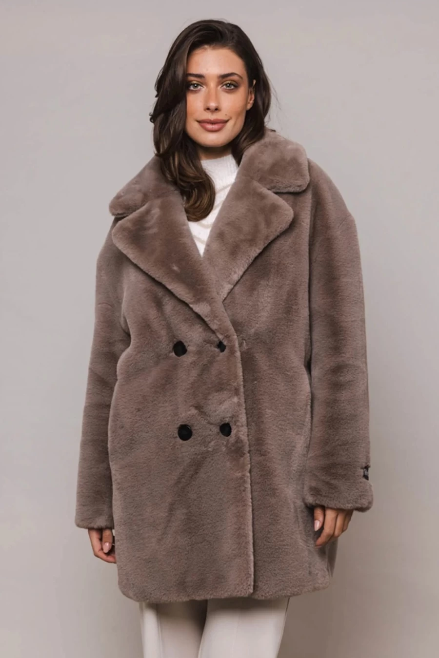 Rino & Pelle Women's Jeanette Double Breasted Taupe Coat - Classic Wool Blend Winter Overcoat