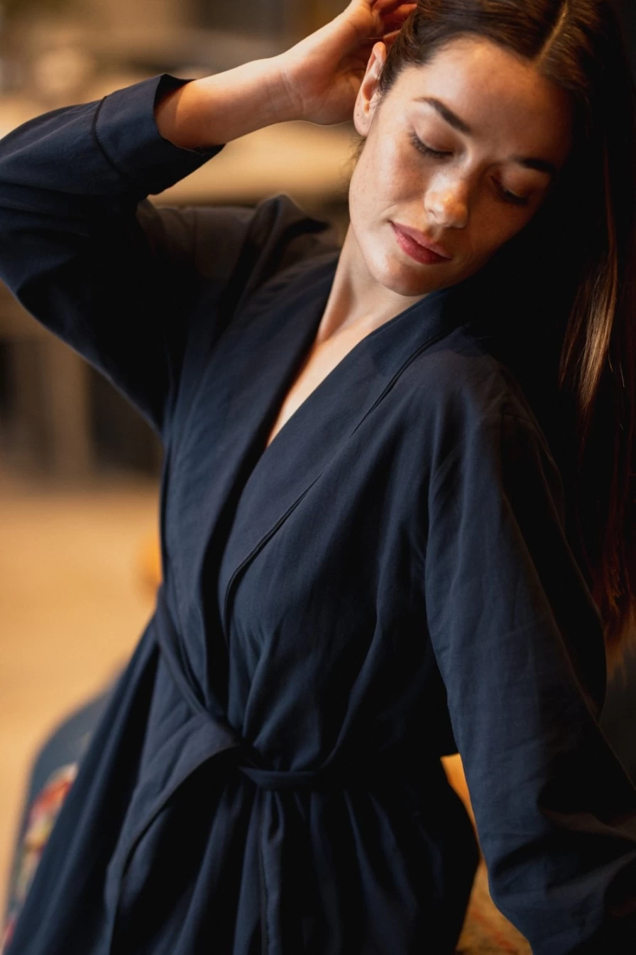 BREATHE Women's Organic Cotton Robe in Navy - Soft Eco-Friendly Bathrobe