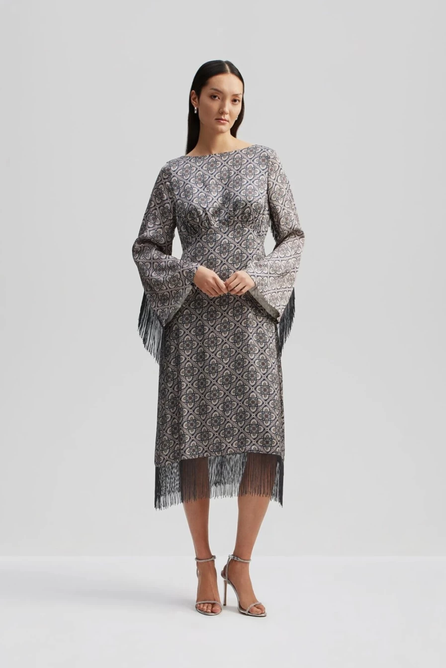 BY MALINA Women's Heidi Ls Midi Fringe Dress - Bohemian Long Sleeve Floral Printed Boho Chic Dress