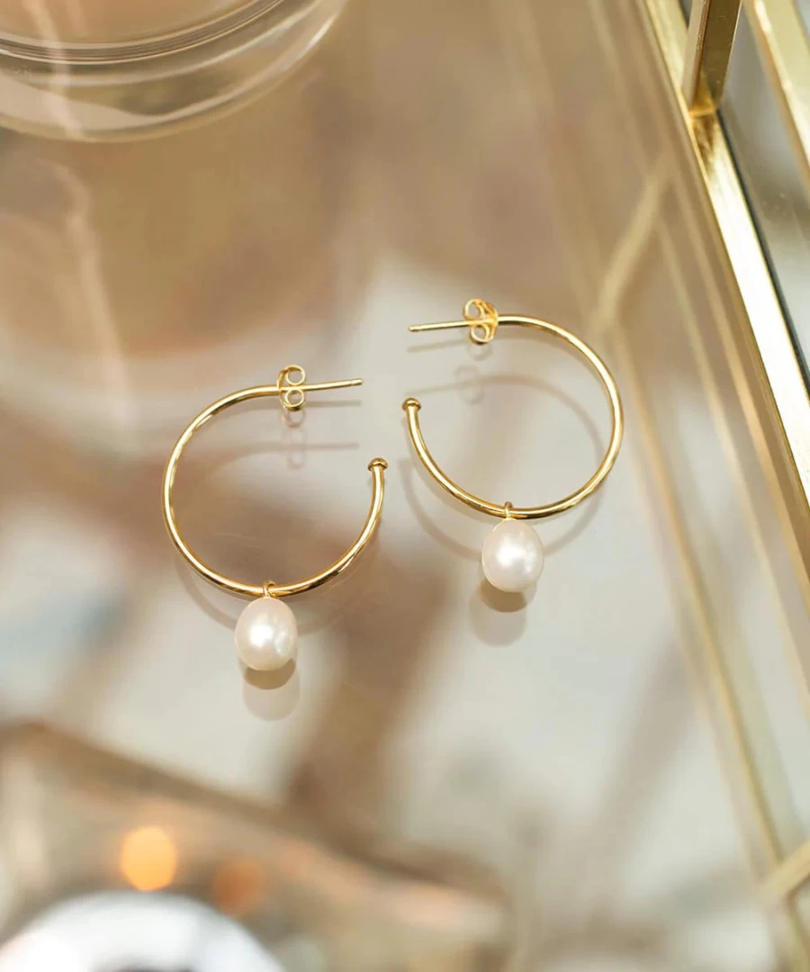Claudia Bradby Women's Gold Hoop Earrings with Pearl Drops | Elegant Fashion Jewelry