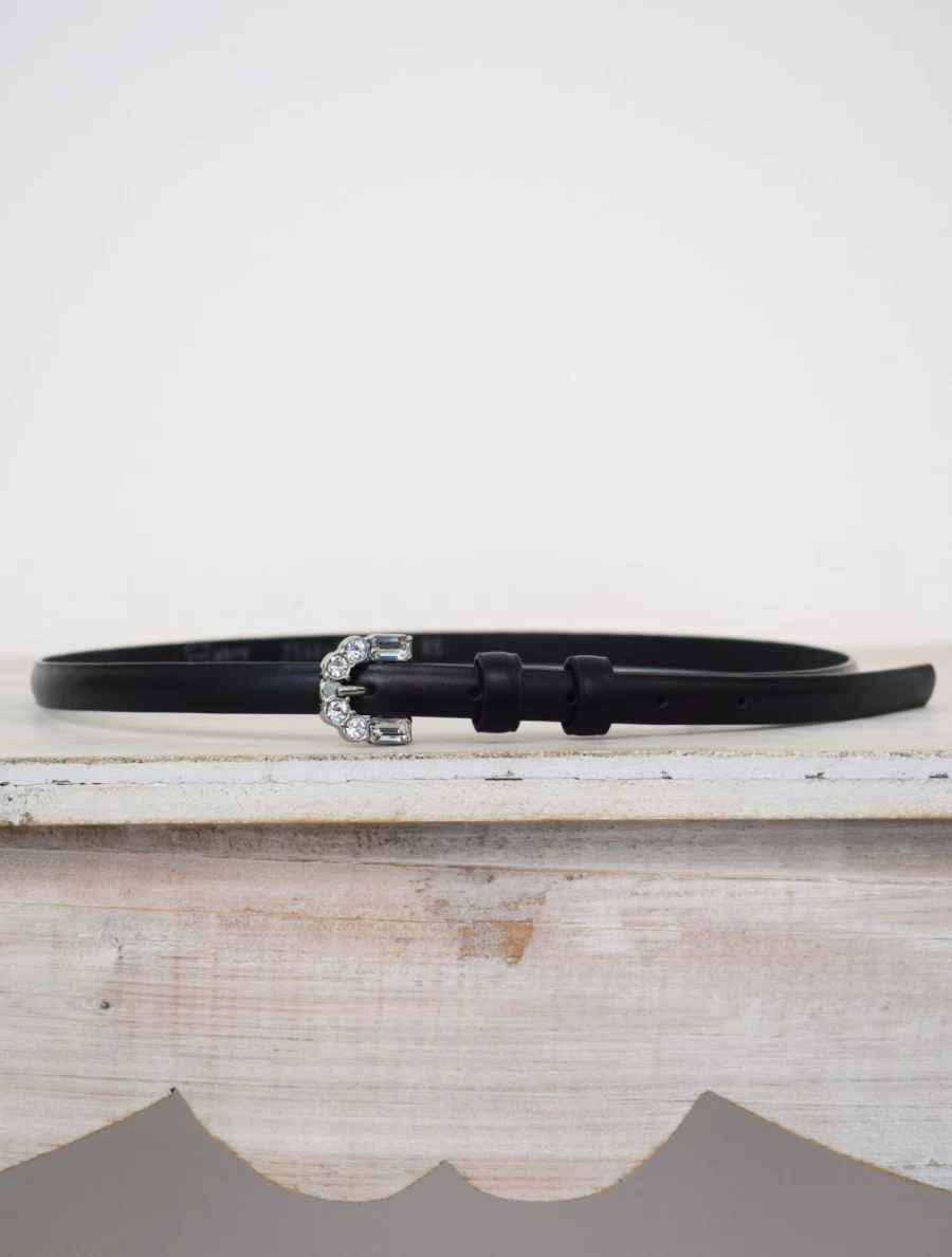 Abro Women's Narrow Leather Belt in Black with Nickel Buckle