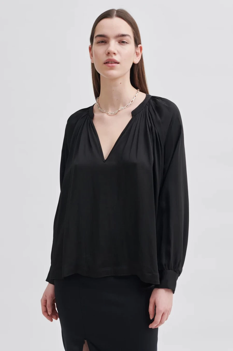 Second Women's Black Drape Tunic Blouse - Elegant Feminine Top
