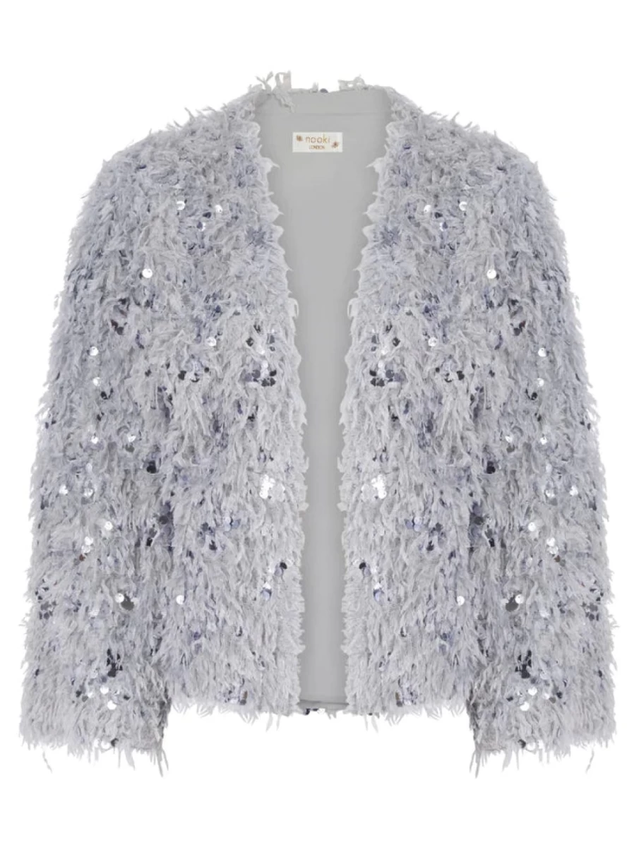 Nooki Women's Grey Sequin Faux Fur Kimono Coat - Glamorous Evening Wrap