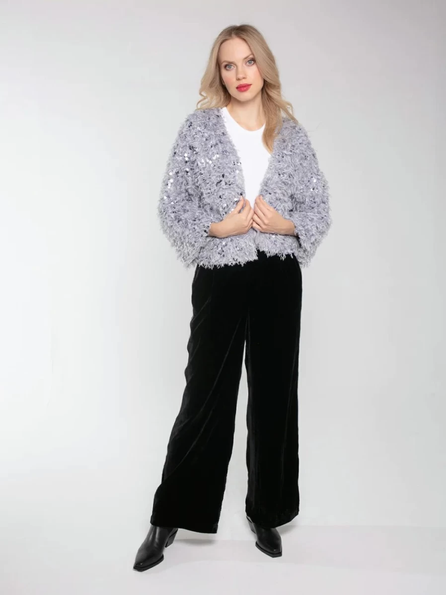 Nooki Women's Grey Sequin Faux Fur Kimono Coat - Glamorous Evening Wrap
