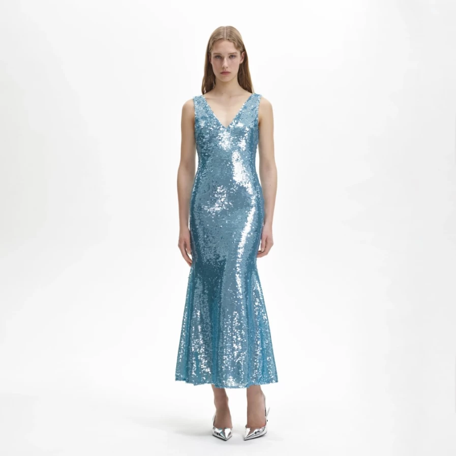Self-Portrait Women's Blue Sequin V-Neck Maxi Dress - Elegant Evening Gown for Special Occasions