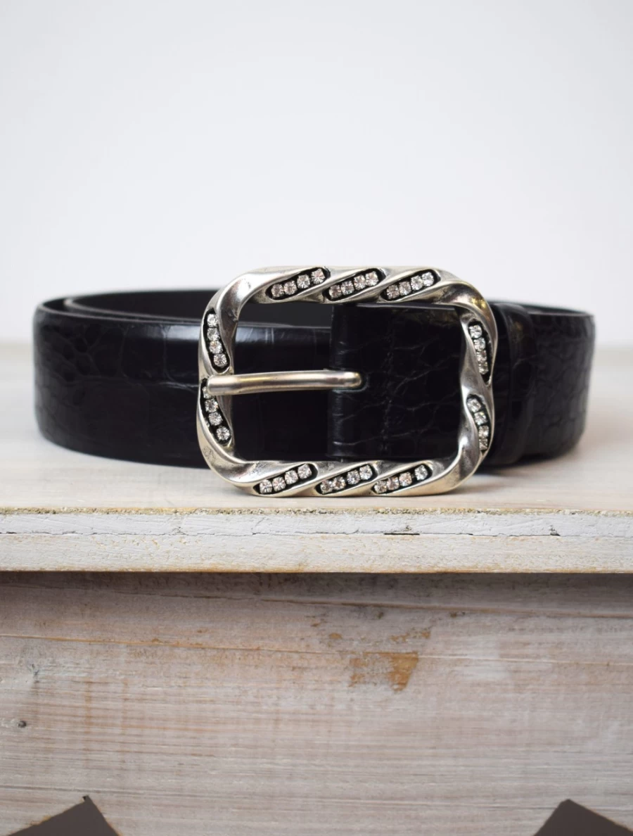 Abro Women's Wide Crocodile-Embossed Belt in Black with Nickel Buckle