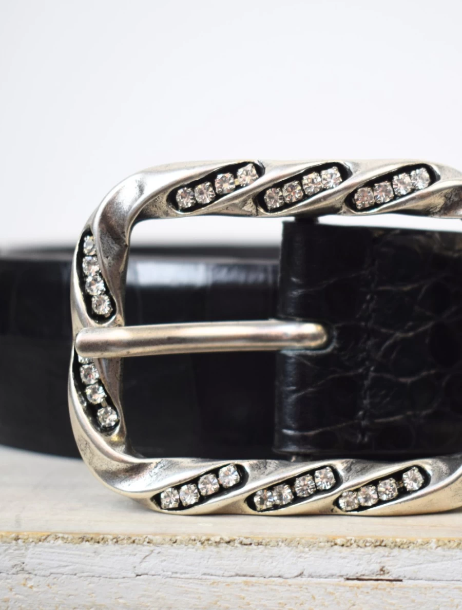 Abro Women's Wide Crocodile-Embossed Belt in Black with Nickel Buckle