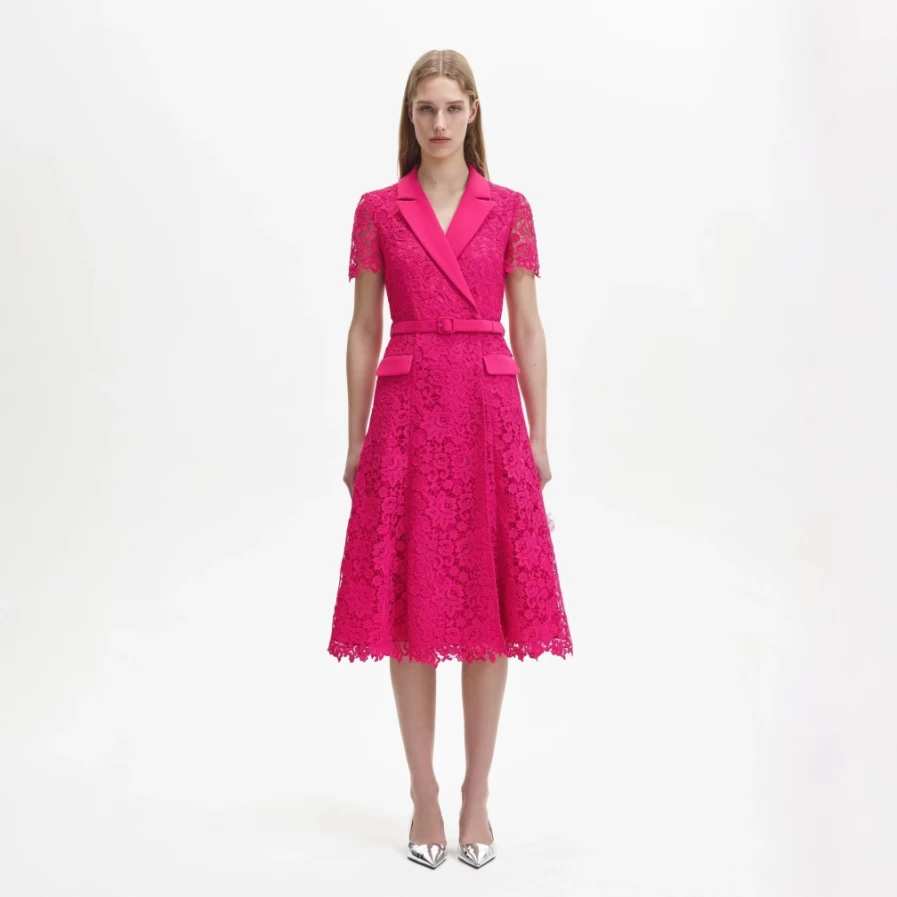 Self-Portrait Women's Magenta Lace Midi Dress - Elegant Floral Embroidery Formal Gown