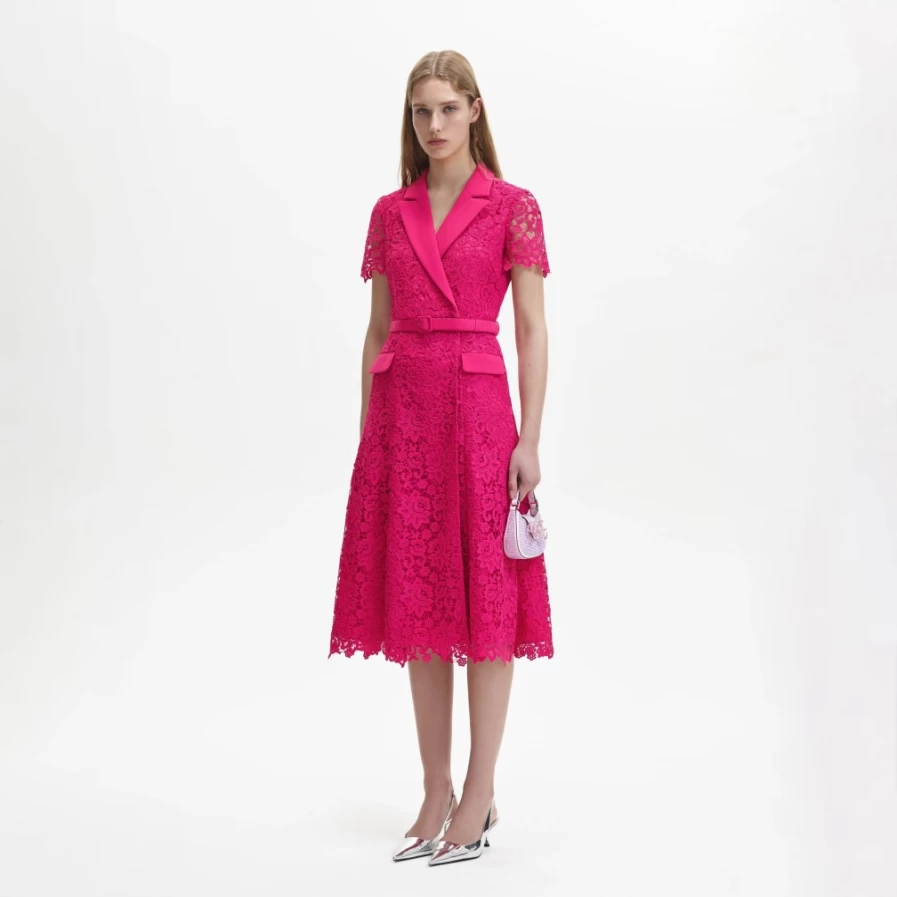 Self-Portrait Women's Magenta Lace Midi Dress - Elegant Floral Embroidery Formal Gown