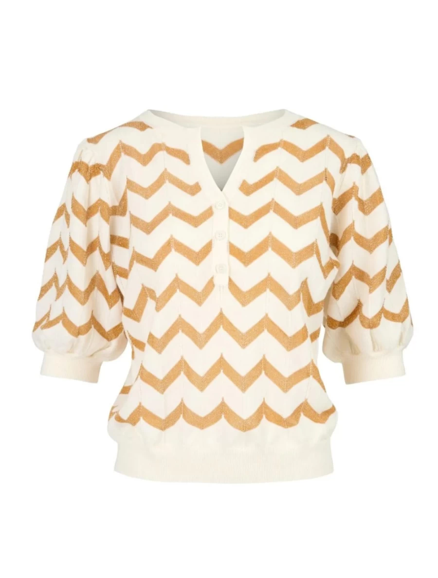 Tabitha Webb Women's Chevron V-Neck Top in Cream and Gold