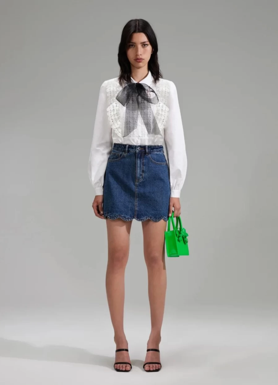 Self-Portrait Women's White Lace Bib Cotton Shirt - Elegant Feminine Blouse