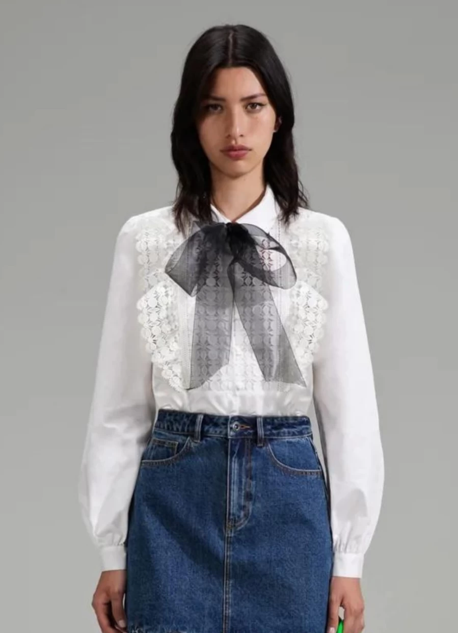 Self-Portrait Women's White Lace Bib Cotton Shirt - Elegant Feminine Blouse