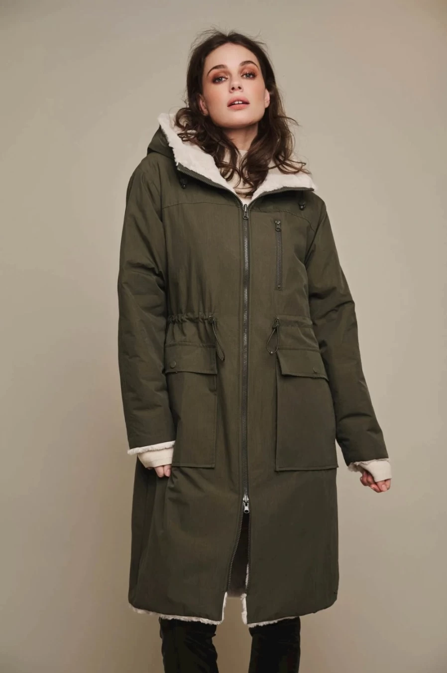Rino & Pelle Women's Josien Reversible Coat in Olive & Stone - Double-Faced Trench Coat