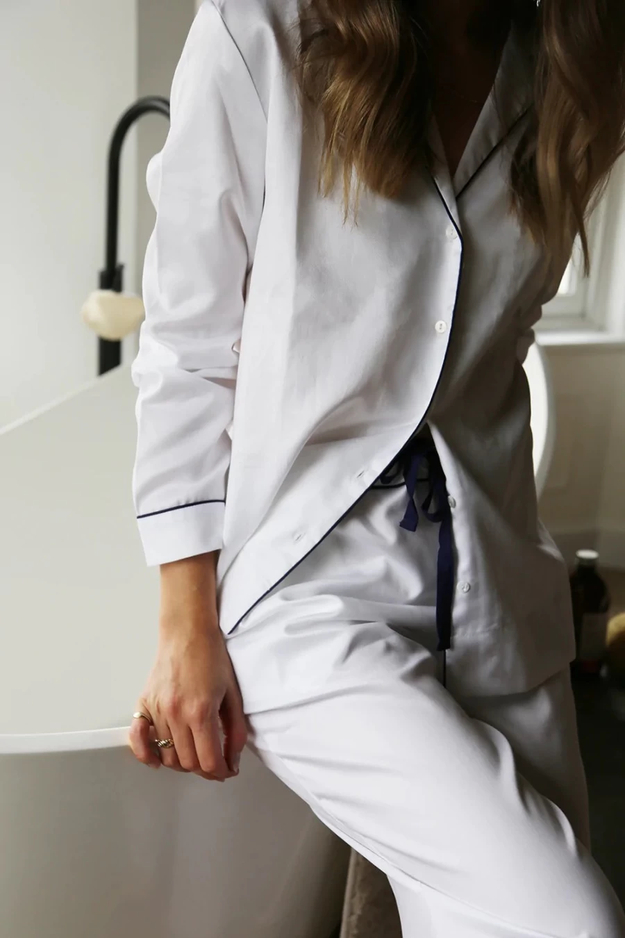 BREATHE Women's Herringbone Pattern White Pyjama Set - Comfortable Sleepwear