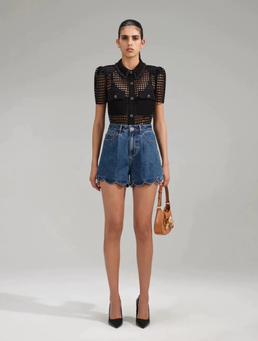 Self-Portrait Women's Black Grid Lace Shirt - Elegant Feminine Top