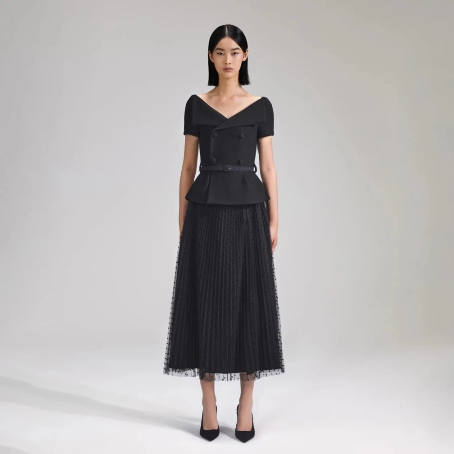 Self-Portrait Women's Black Off-Shoulder Midi Dress - Elegant Sleeveless Party Gown