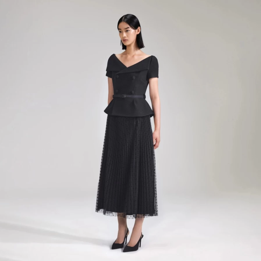Self-Portrait Women's Black Off-Shoulder Midi Dress - Elegant Sleeveless Party Gown