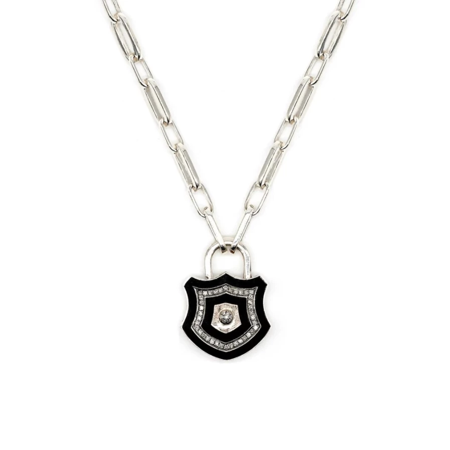 Kirstie Le Marque Women's Diamond Accent Silver Black Enamel Chunky Lock Pendant Necklace