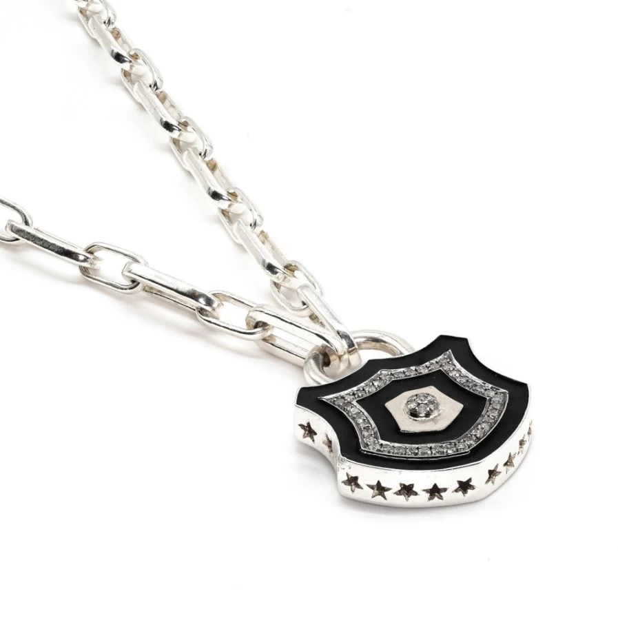 Kirstie Le Marque Women's Diamond Accent Silver Black Enamel Chunky Lock Pendant Necklace