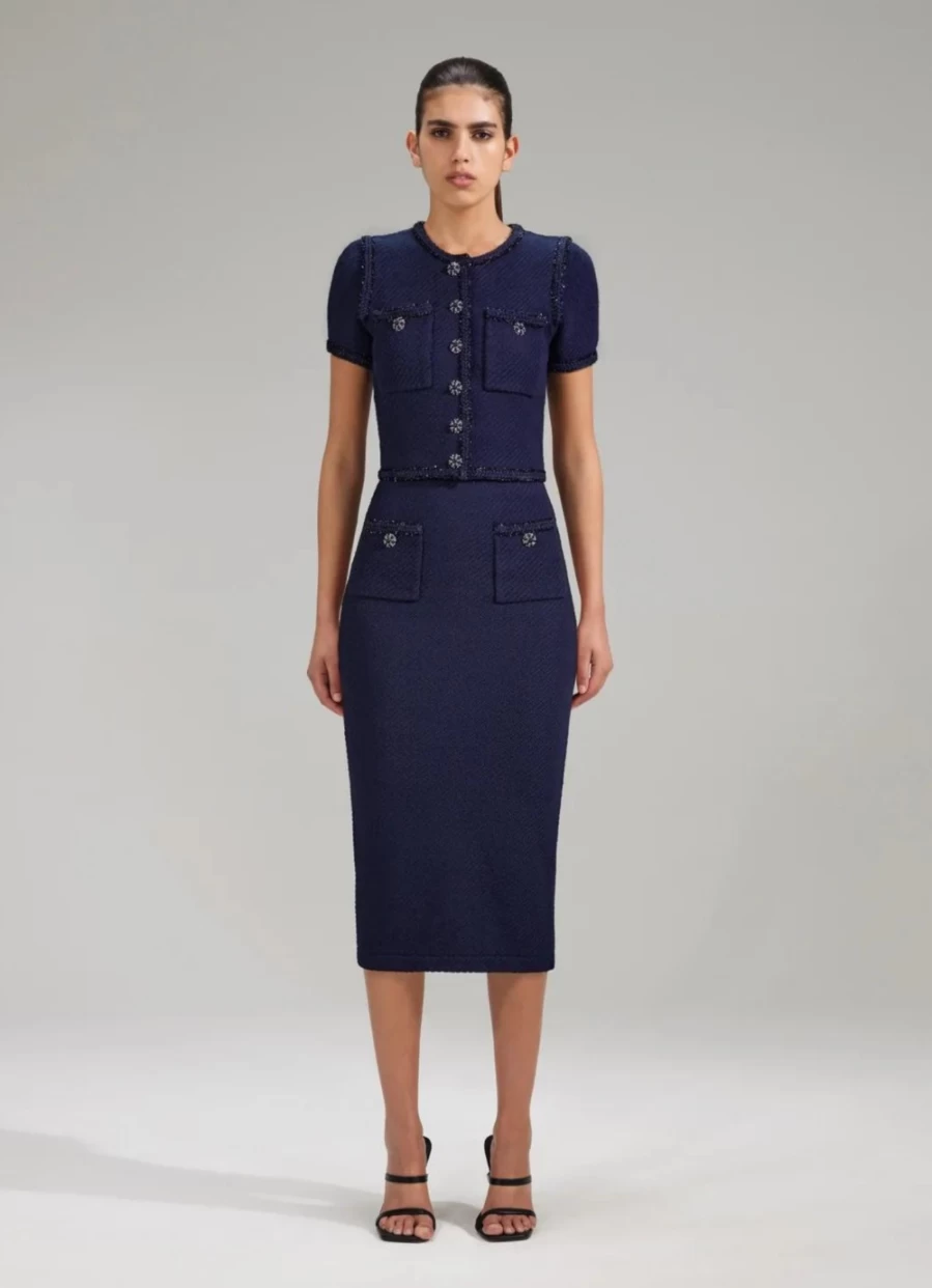 Self-Portrait Women's Navy Blue Knit Midi Skirt - Elegant Stretch Fit A-Line Style