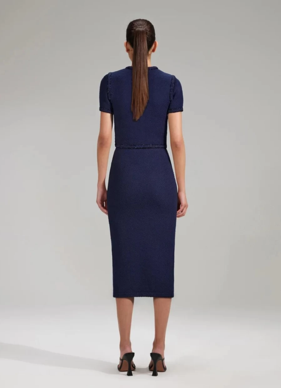 Self-Portrait Women's Navy Blue Knit Midi Skirt - Elegant Stretch Fit A-Line Style