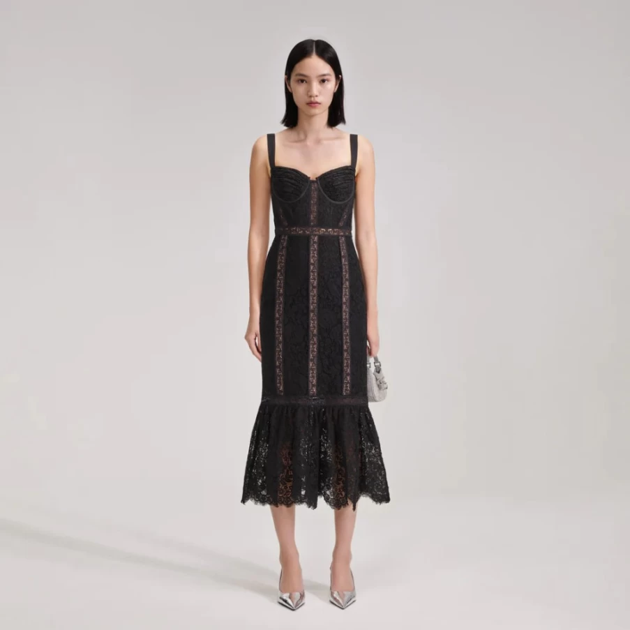 Self-Portrait Women's Black Cord Lace Midi Dress - Elegant Feminine Style