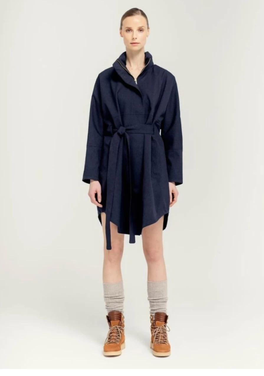 BRGN Women's Bris Water-Resistant Poncho Coat in Dark Navy - Lightweight Travel Raincoat