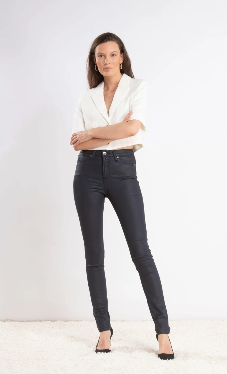Denim Studio Women's Claire Wax Sateen Navy High-Quality Stretch Denim Pants