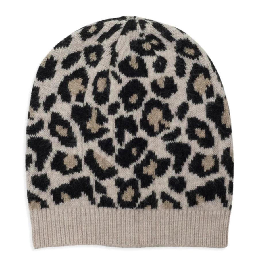 Somerville Scarves Women's Leopard Print Cashmere Beanie in Camel & Black