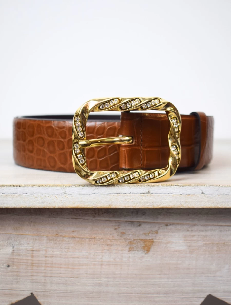 Abro Women's Wide Crocodile-Embossed Leather Belt in Tan & Gold for Stylish Outfits