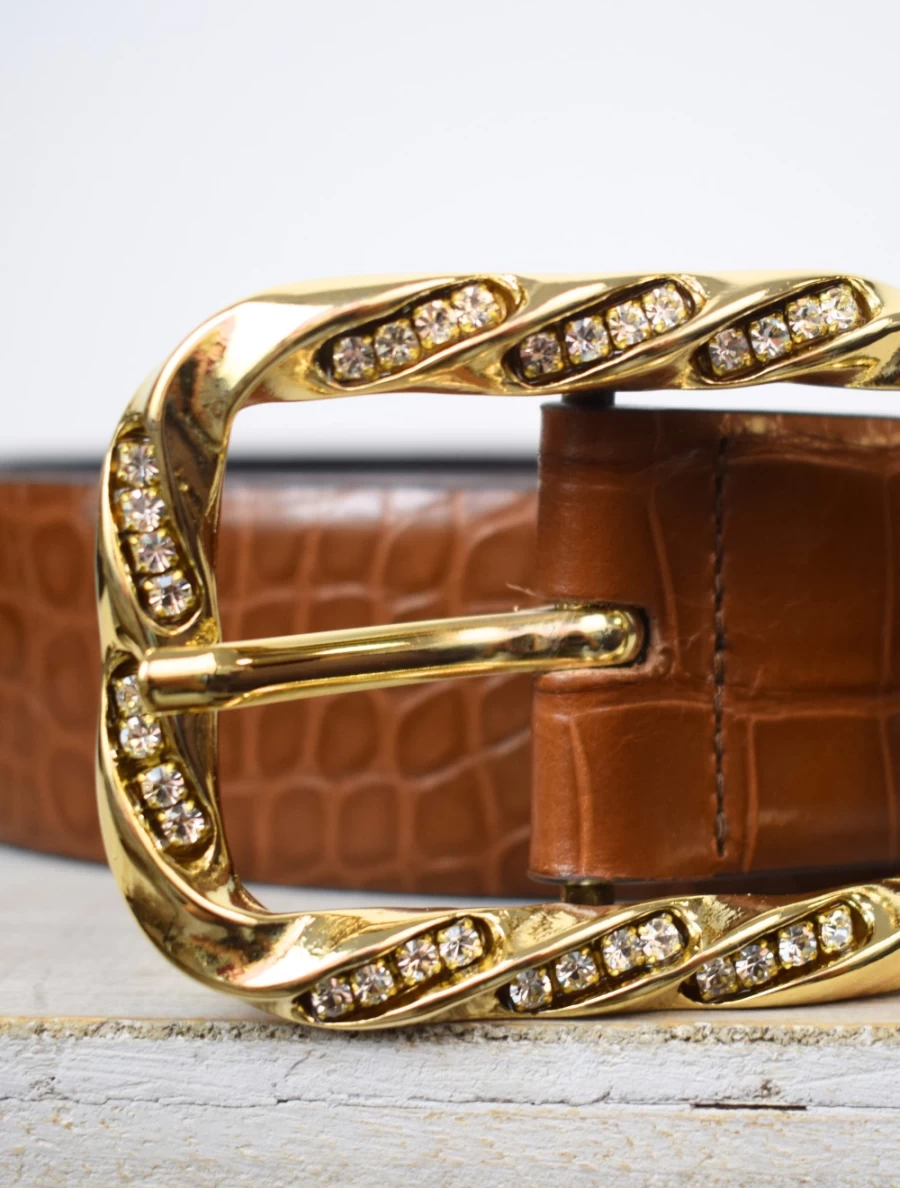 Abro Women's Wide Crocodile-Embossed Leather Belt in Tan & Gold for Stylish Outfits