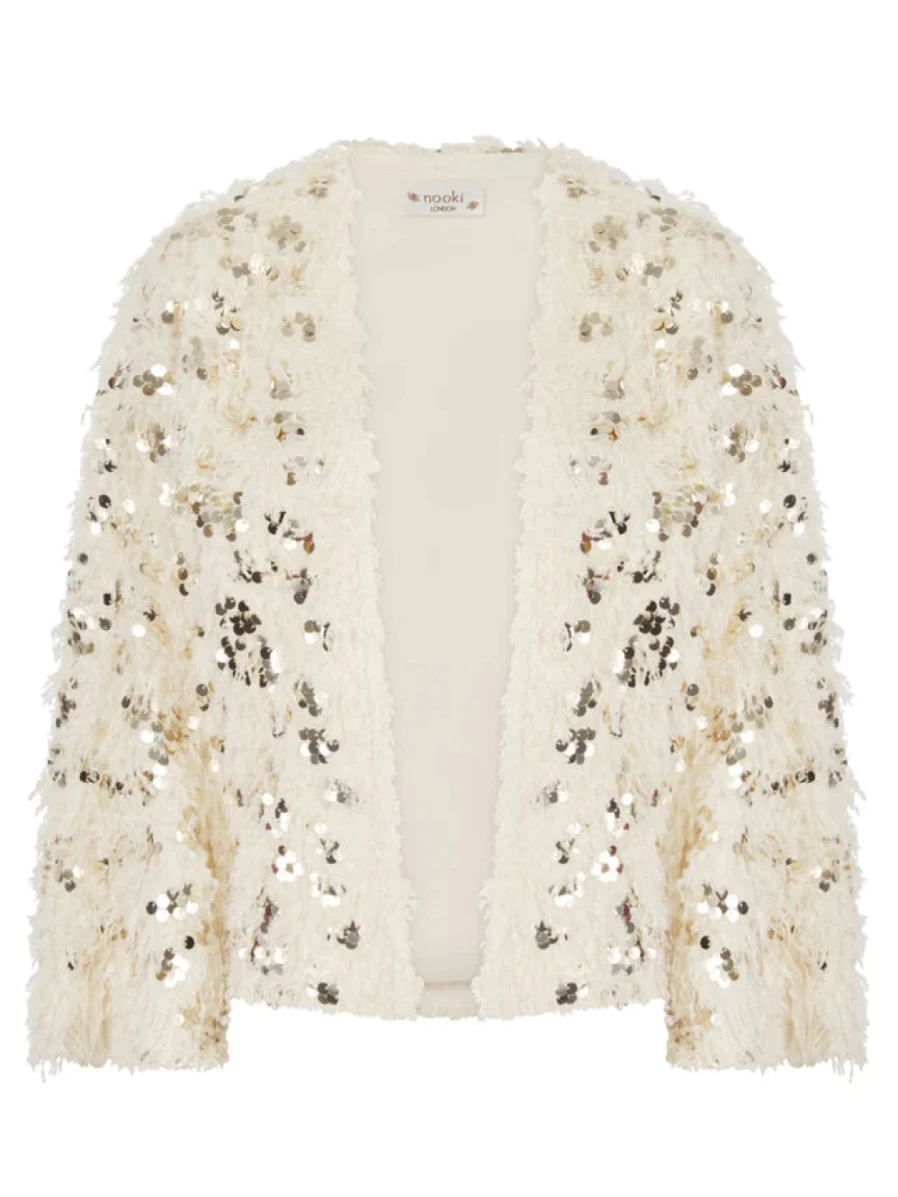 Nooki Women's Cream Sequin Faux Fur Kimono - Elegant Evening Wrap Boho Style