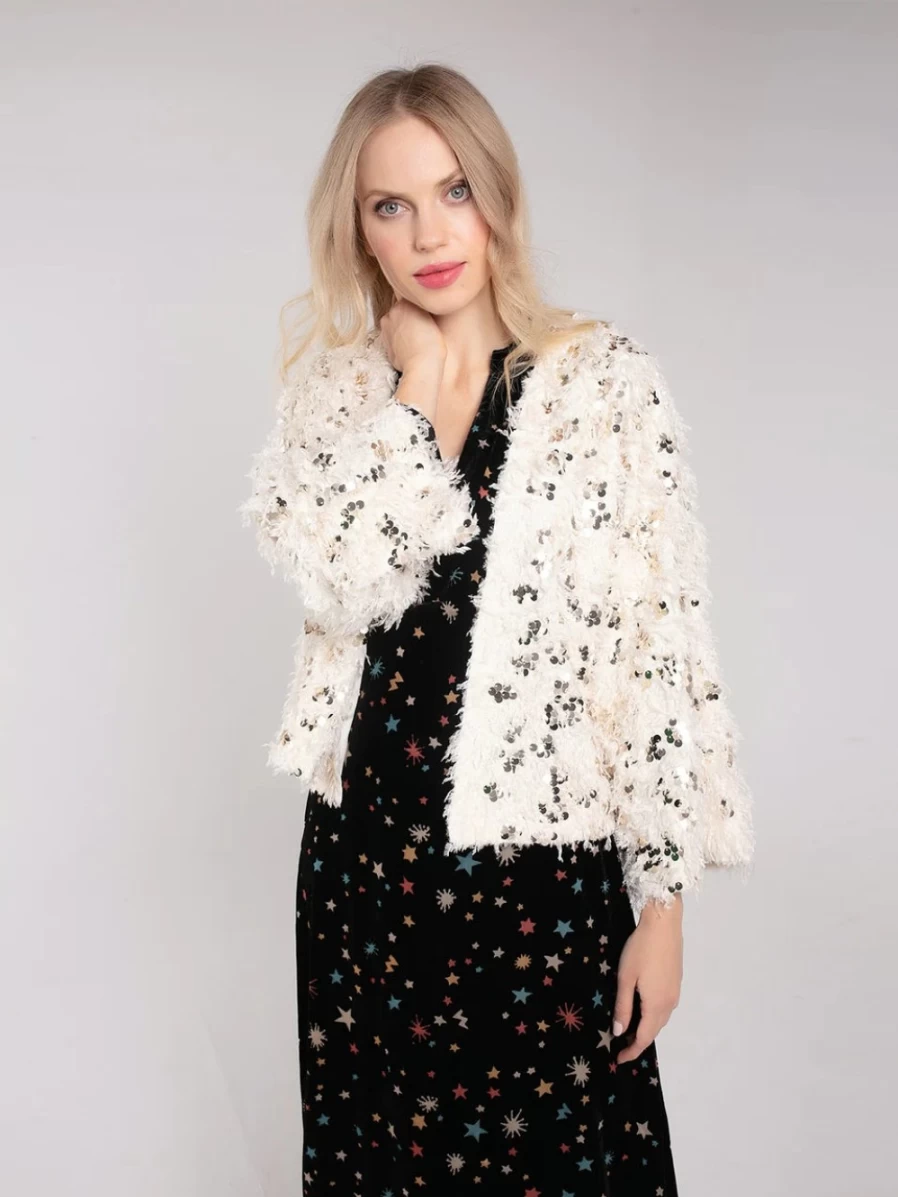 Nooki Women's Cream Sequin Faux Fur Kimono - Elegant Evening Wrap Boho Style