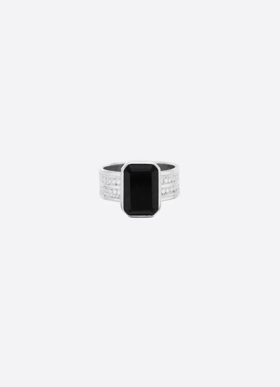 Anna Beck Women's Large Rectangular Silver Ring with Onyx Stone