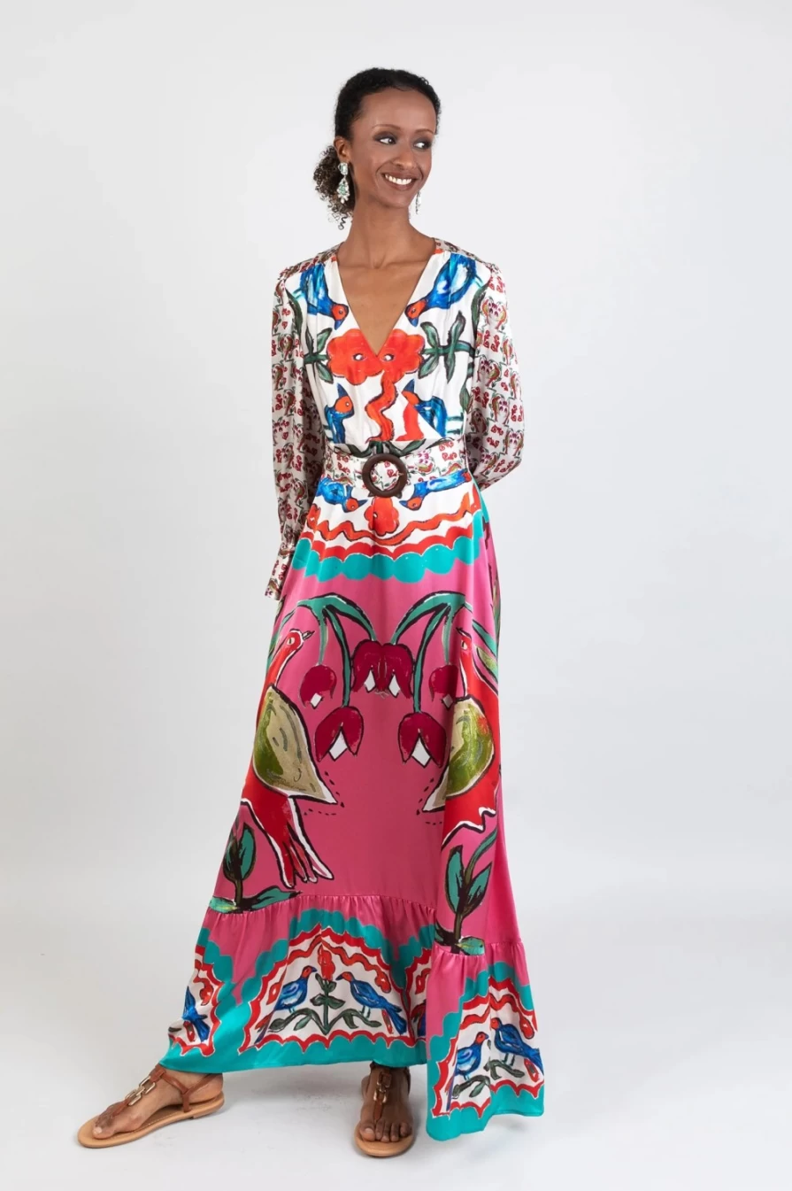 Jessica Russell Flint Women's Belted Maxi Dress - Elegant Soul Birds Design